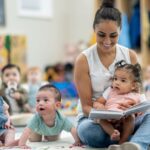 childcare worker engaging with children