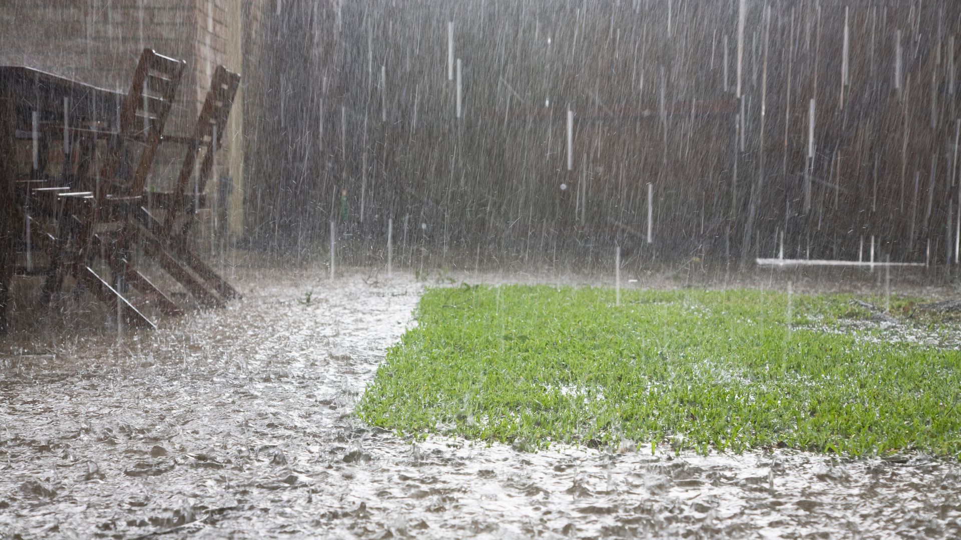 rain on freshly laid grass showing seasonal challenge for landscapers